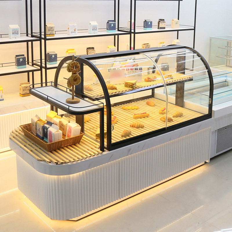 新款面包柜弧形展示柜玻璃商用边柜蛋糕店展示架子烘培柜台实木中