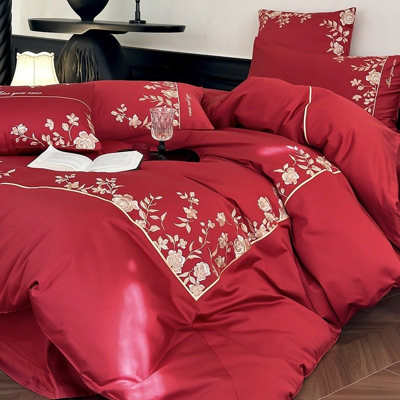 欧式浪漫婚庆长绒棉全棉四件套花卉刺绣红色被套结婚床上用品,床上用品,婚庆床品套件,淘宝优惠券,粉丝福利购,淘宝优惠卷