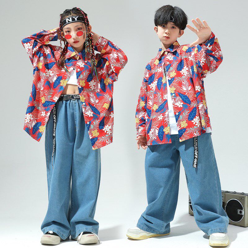新品街舞儿童复古港风衬衫牛仔裤套装嘻哈hiphop演出服男女童走秀