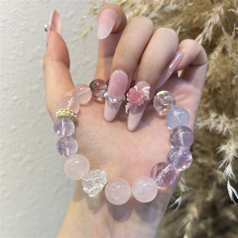 天然紫水晶紫阿赛粉水晶莲花白阿塞手链女生大个性小众水晶串珠