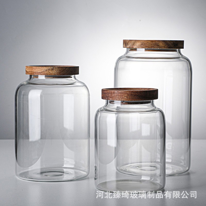 现货工厂定制储物罐大容量相思木高硼硅玻璃密封罐干果杂粮茶叶陈