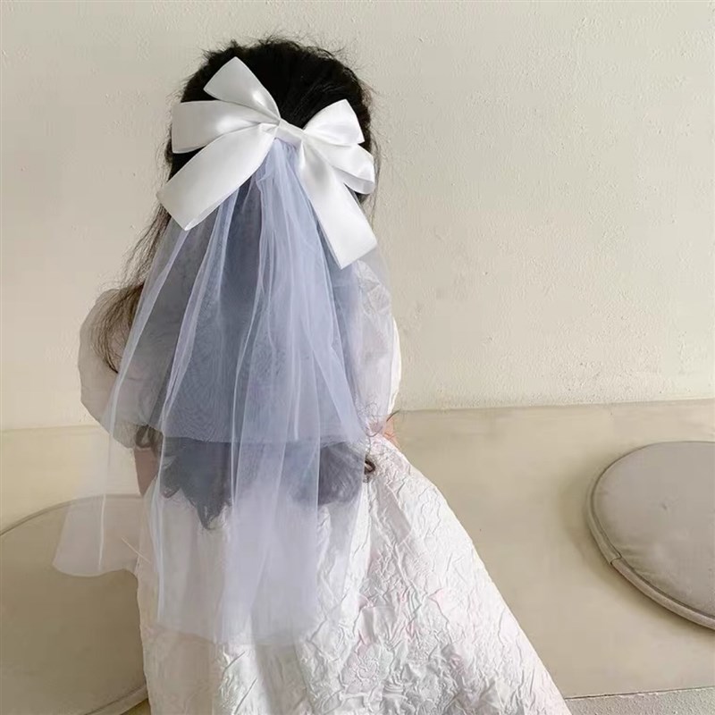 白纱蝴蝶结头纱发夹森系新娘发饰拍照领证结婚双层写真影楼摄