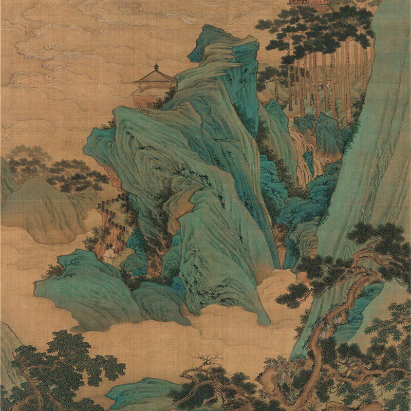 明代仇英桃园仙境图艺术品字画古代名家名作青绿山水画客厅装饰画