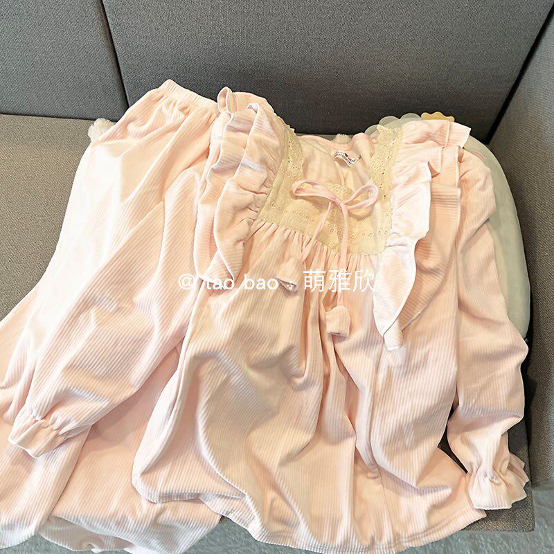 粉色公主风睡衣女春秋冬季海岛绒加厚长袖套装少女甜美套头家居服