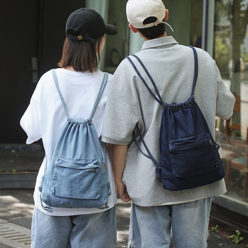 日系帆布双肩包男款束口抽绳牛仔布背包轻便休闲登山包女学生书包