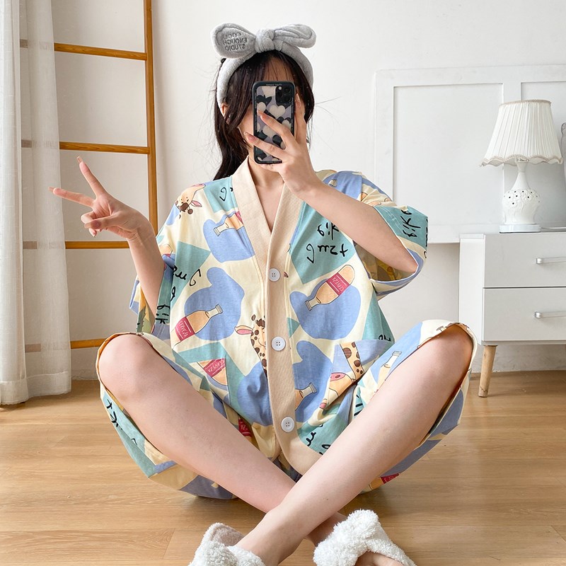 孕妇睡衣夏季两件套大码200斤女款V领开衫可调节家居服怀孕期