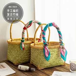 竹编买菜篮环保购物篮提手篮竹制品 手工编织采摘篮 外出竹提篮