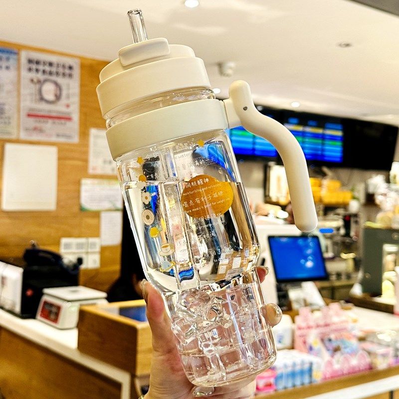 高颜值水杯2024新款女大容量吸管杯玻璃杯带把手耐高温冰霸杯子,餐饮具,玻璃杯,淘宝优惠券,粉丝福利购,淘宝优惠卷