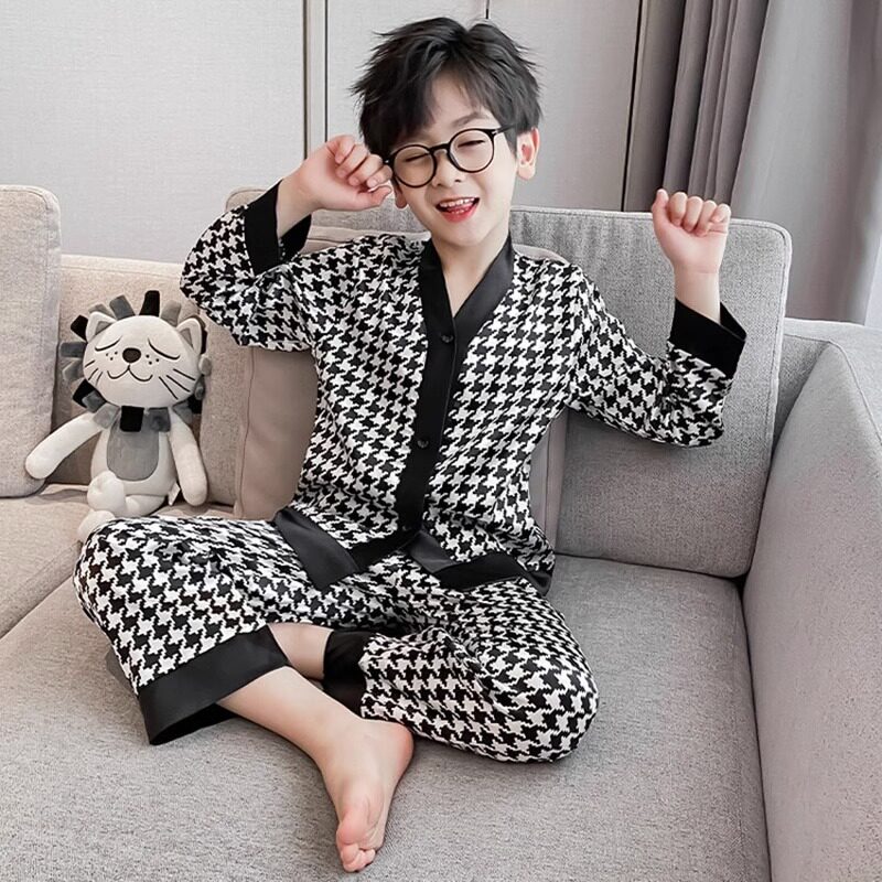 儿童冰丝睡衣男童春秋长袖薄款男孩家居服大童真丝空调服套装夏季
