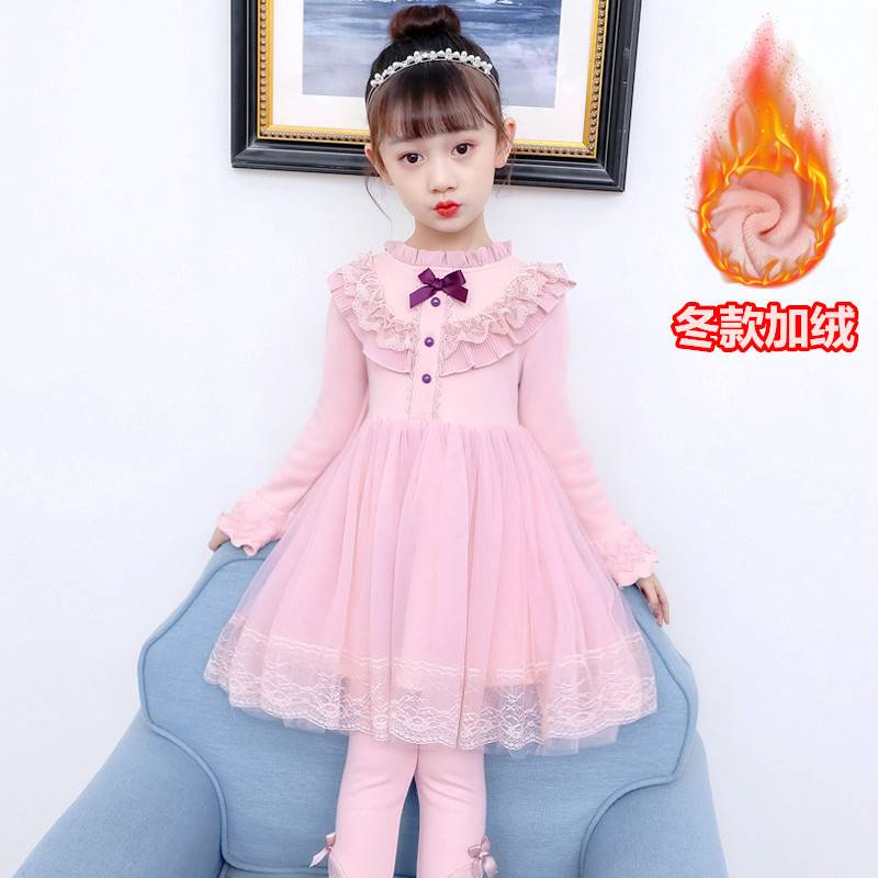 女童春秋加绒连衣裙2023新款儿童长袖厚公M主裙小女孩网纱蓬蓬裙.