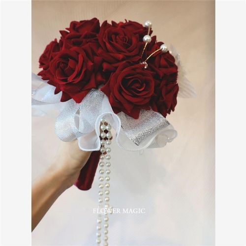 【玫瑰花球手捧花】酒红色珍珠流苏水晶闪喜庆新娘结婚礼摄影道具