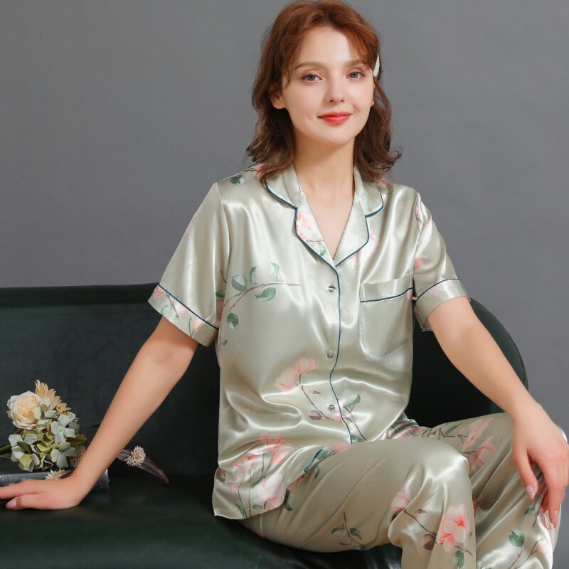 真丝睡衣女夏季薄款短袖长裤大码印花100%桑蚕丝绸妈妈家居服套装