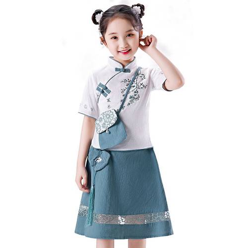女童旗袍两件套女孩汉服女春秋连衣裙大童中国风棉麻儿童春夏套装