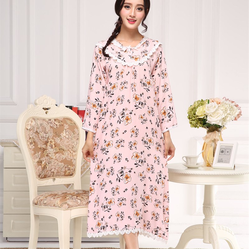 女士春秋季九分长袖绸粉色小花朵淑女可爱长款大码睡裙家居服