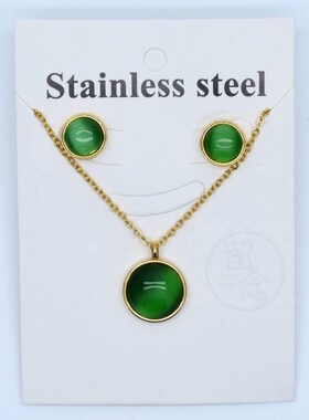 小众高货~Simple fashion alloy round gem Earring Necklace Set