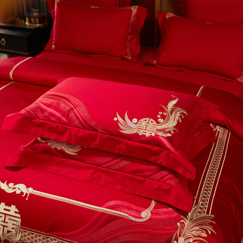 新品100支长绒棉婚庆四件套 大红刺绣被套结婚床品简约欧式,床上用品,婚庆床品套件,淘宝优惠券,粉丝福利购,淘宝优惠卷