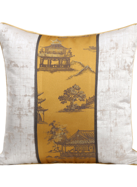 现代新中式沙发抱枕样板房客y厅靠垫金黄色凉亭提花腰枕靠包定制