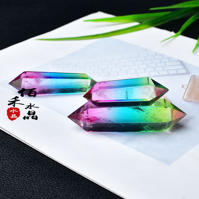 天然白水晶六棱柱摆件原石电镀G双尖柱子DIY吊坠配饰