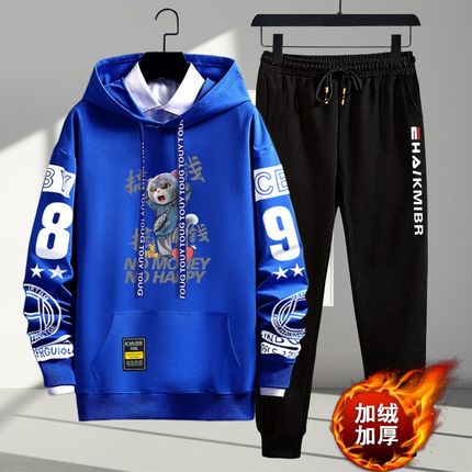 新款连帽卫衣套装男青少年秋冬季加绒潮流帅气休闲宽松运动两件套