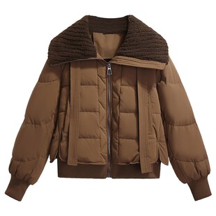 美拉德棕咖色羊羔毛绒拼接翻领羽绒服女2024冬季新短款小个子外套