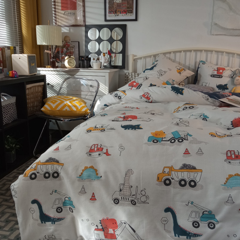 卡通风工程车全棉四件套床单被套儿童可爱宿舍三件套床上用品,床上用品,床品套件/四件套/多件套,淘宝优惠券,粉丝福利购,淘宝优惠卷