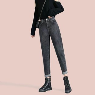 九分哈伦老爹裤 加绒加厚高腰遮肉显瘦宽松时尚 女2023秋冬季 牛仔裤