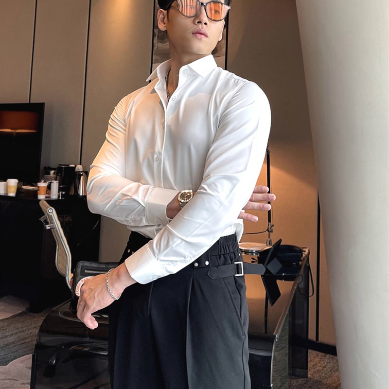 美式硬汉纯色衬衫男免烫修身长袖B上衣西服内搭衬衣商务正装寸衫