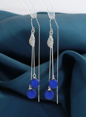 S925纯银耳线女韩版时尚蓝色珍D珠耳环长款流苏气质轻奢感耳饰