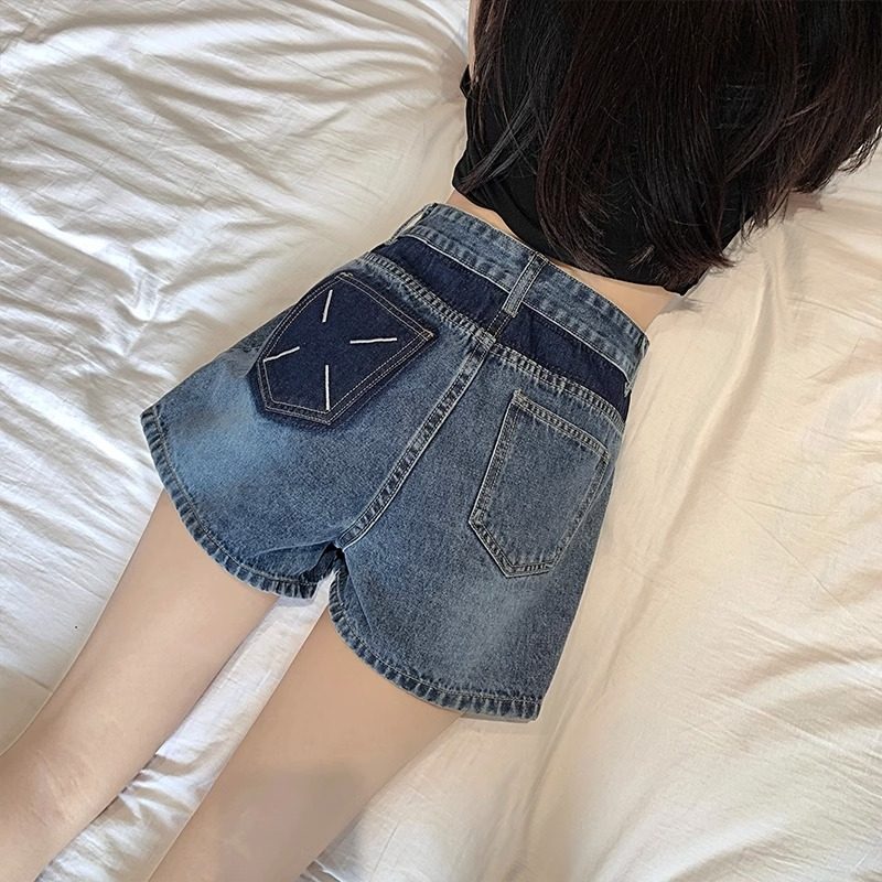 高腰显瘦复古牛仔短裤女夏季2023新款撞色大码宽松a字阔腿热裤女