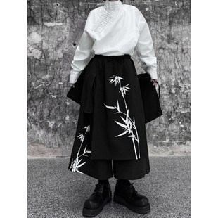 日系山本耀司风立体叠层绑带设计感阔腿裙裤竹子印花国潮风八分裤