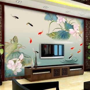 饰壁画茶室 3d新中式 f荷花壁纸客厅沙发电视背景墙纸影视卧室装