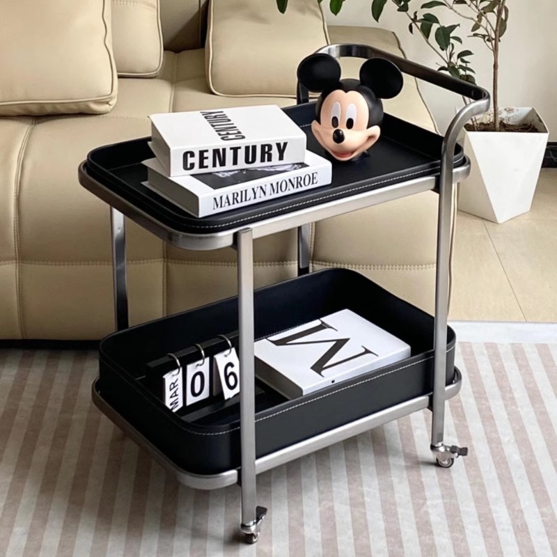 意式现代简约移动小推车轻奢马鞍皮移动沙发边几茶几客厅带轮角几