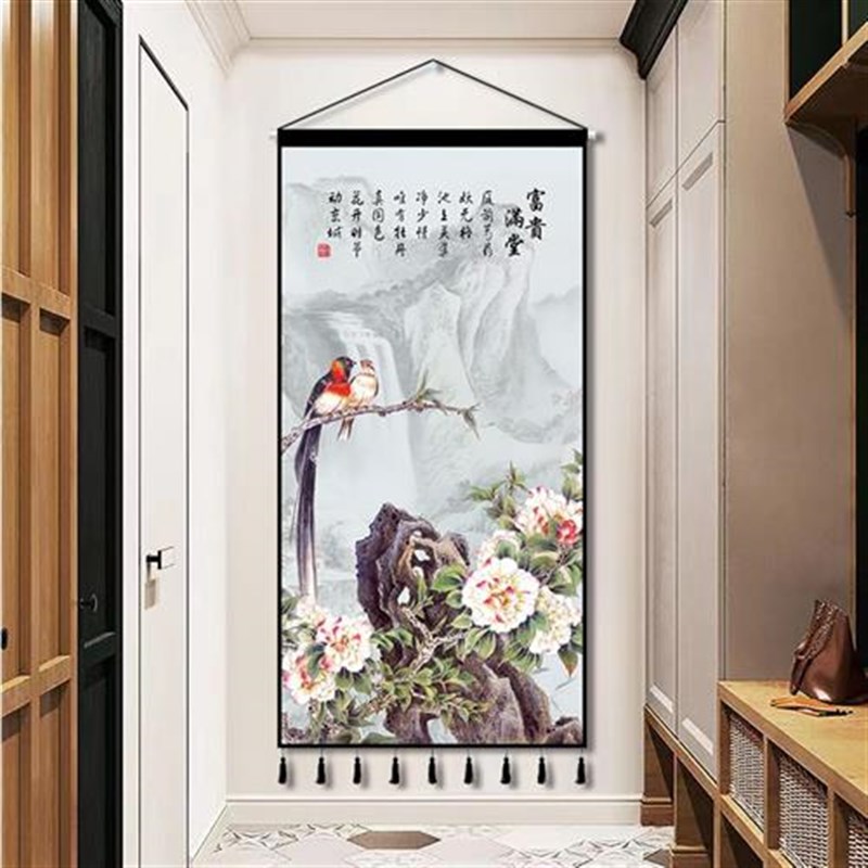 中式花开富贵牡丹挂画客厅挂毯装饰画墙布挂布竖版墙面装饰背景布图片