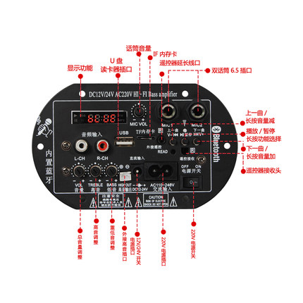 现货速发双话筒带显示大功率蓝牙功放板12V24V220V蓝牙低音炮功放