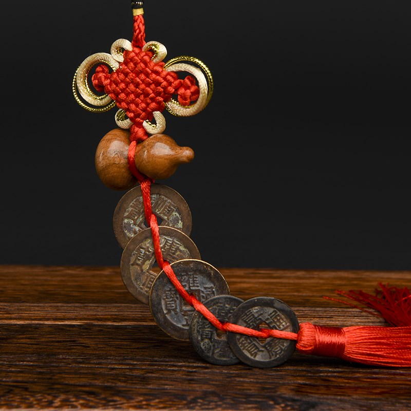 真品五帝钱门对门葫芦挂件纯铜入户门吉祥结铜钱串六帝古币五吊钱