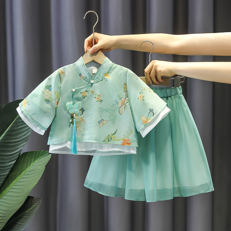 现货女童汉服夏款民国风古t装两件套女宝宝夏季薄款超仙唐装裙自
