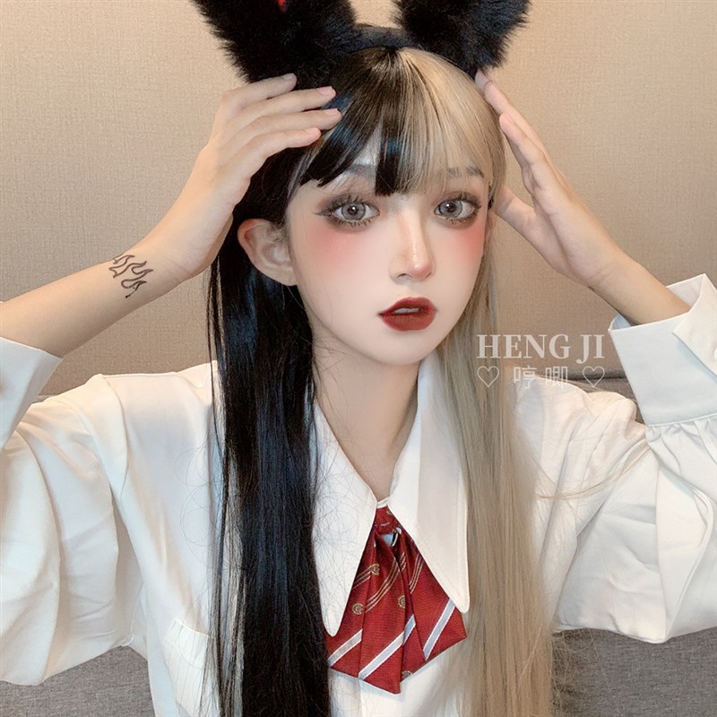 假发女长直发网红拼色s逼真自然圆脸女生洛丽塔少女假毛?puka