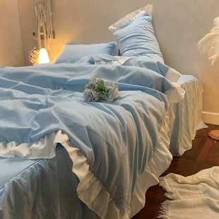 韩件套裙床单四三件套小荷叶版 女花边清新被套床纯色天蓝学生宿舍