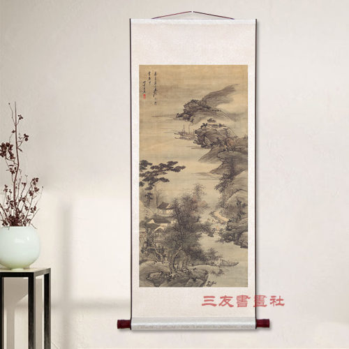 吴宏 江楼访友图 清代仿古山水挂轴真迹微喷复制画玄关书法装饰画