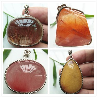 天然银白黄红发晶吊坠银饰镶嵌金发丝水晶挂坠聚宝盆滴水椭圆男女