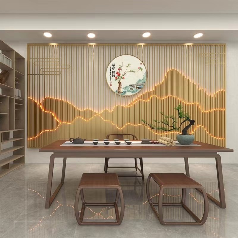 不锈钢新中式屏风隔断售楼部酒店前台背景墙别墅庭院影壁墙迎门墙