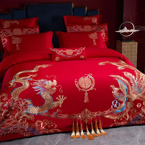高端100支长绒棉龙凤刺绣婚庆四件套大红色被套纯棉结婚床上用品4