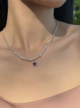 工厂销石榴石碎银子m珍珠项链轻奢小众精致高级感锁骨链女款2024