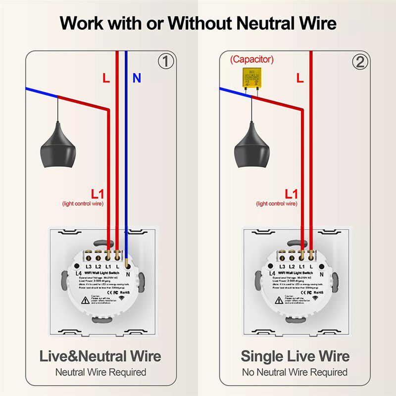 Alexa Smart Switch No Neutral 433mhz EU/UK/US/Brazil Standar