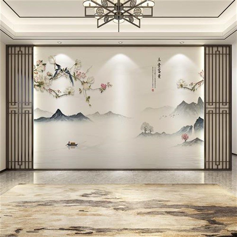新款新中式花鸟壁布电视背景墙壁画客厅沙发影视墙纸墙布卧室壁纸,家装主材,定制壁画,淘宝优惠券,粉丝福利购,淘宝优惠卷