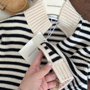 小童毛衣外套薄款秋款女宝宝洋派B上衣儿童黑白条纹针织开衫男纯