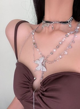 甜酷少女振翅蝴蝶珍珠项链双层叠戴风星星锁骨链少女斗志 甜酷辣