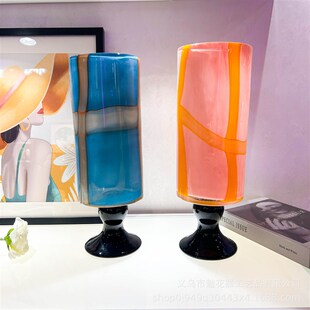 中古风手工高脚琉璃灯台花瓶餐桌客厅高级感民宿酒店样板间插花器