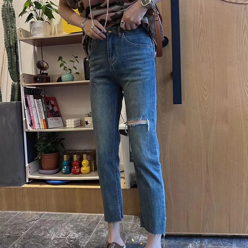 梨型身材裤子大码高腰薄款破洞牛仔裤女夏胖妹妹显瘦小个子烟管裤