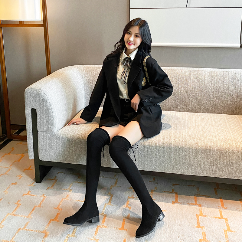 黑色平底高筒骑行靴女2023新款秋冬季显瘦过膝中跟长靴女加绒加厚